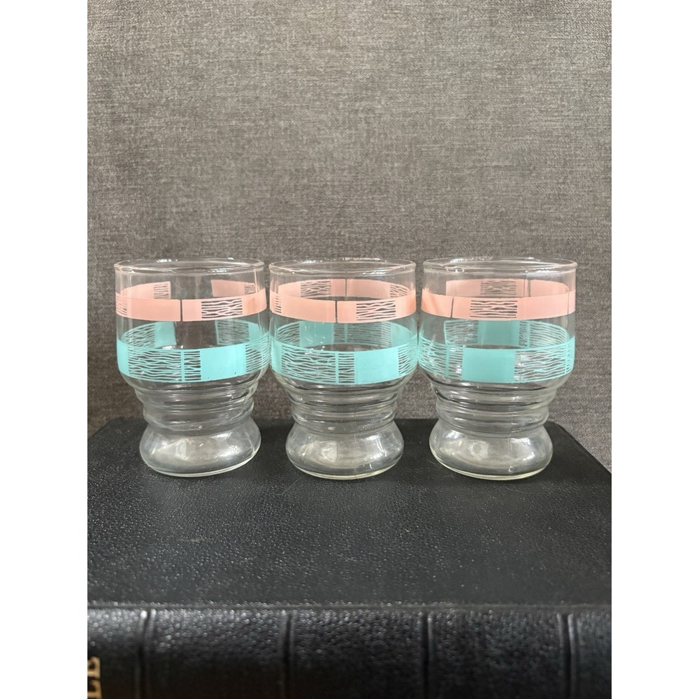 Vintage MCM Anchor Hocking Juice Glasses Pink Aqua ~ Ribbon Pastel  3 3/8" Set 3